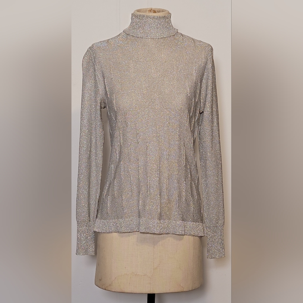 Vintage shiny silver turtleneck top with zipper.